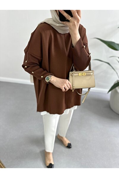 nizzell New Season Women's Sleeves Button Detail Mercerized Sweater Tunic