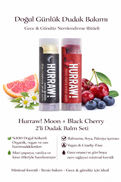 Hurraw Moon + Black Cherry Dudak Balm Seti 2’li Gece Onarıcı & Doğal Renkli D...