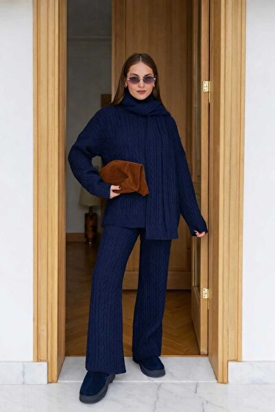 MODA Women's Navy Blue Scarf Hair Braided Pants Knitwear 3-Piece Set
