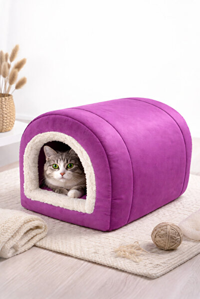 minderx mor kadife kapalı kedi yatağı