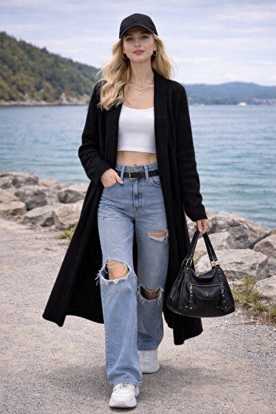 OYERGA MODA Women's Shawl Collar Plain Weave Long Knit Cardigan