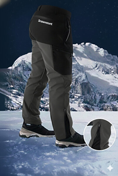 SNOWMOUNT Siyah Antrasit Renk Paça Fermuarlı Softshell Polarlı Kışlık Outdoor...