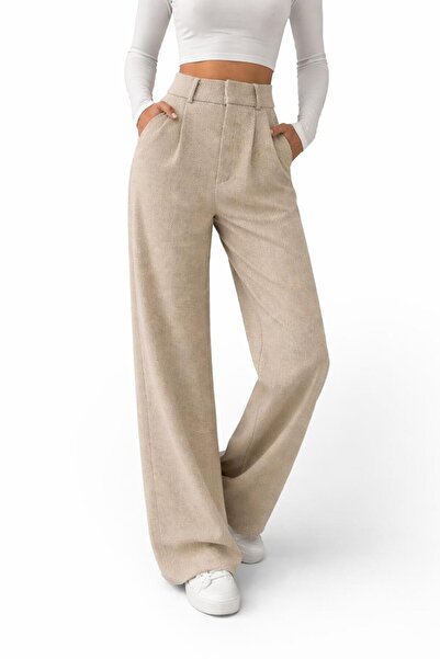 THB.Edition Bej Renk Balıksırtı Desen Palazzo Kadın Dokuma Pantolon