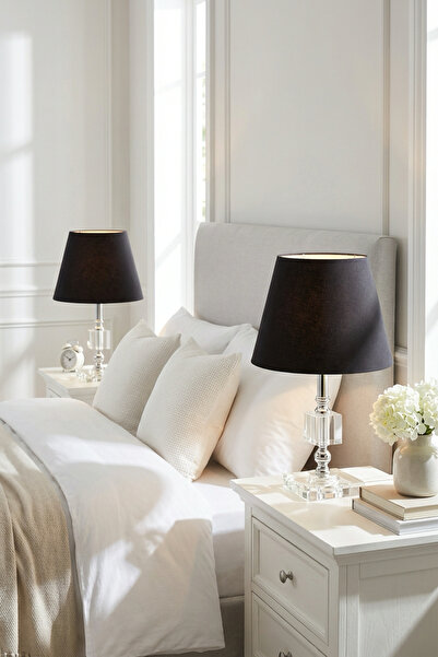 Genel Markalar Akife Çift Gümüş Kristal Abajur Siyah