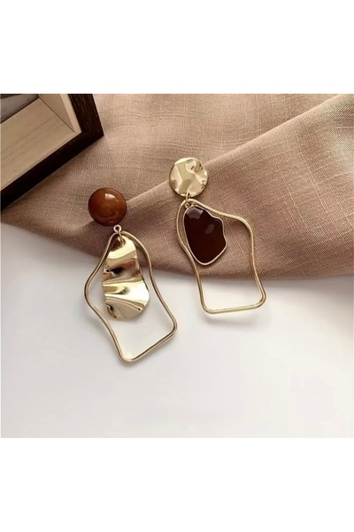İthal Design Steel Earrings, Geometric Asymmetric Pendant Earrings, Gold Colo...