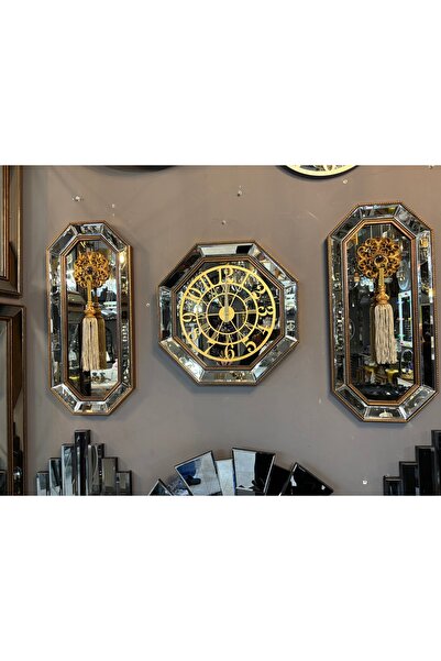 Amisos Dekor 8 Gen 3’lü Püsküllü Saat Takımı – Gold Çerçeve Bronz Ayna