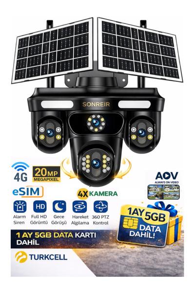 SONREİR 7/24 Sürekli Kayıt 4G Sim Kartlı Dual Solar Güvenlik Kamerası Hareket...