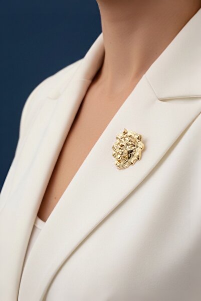 model aksesuar Aslan kafası detaylı gold broş