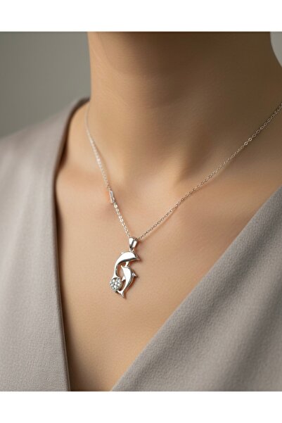 Argento Çift Yunus Balığı Taşlı Kolye