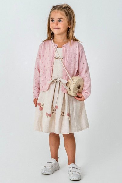LUCEVERA 2-9 Years Old Girl's Linen Dress – Summer Dress with Embroidery Detail, Belt, and Cardigan Combination
