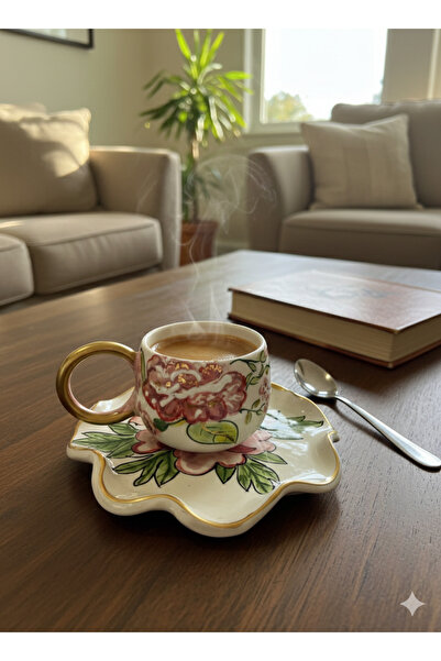 Zeynebinsırüstü El Yapımı Seramik Güllü Goncalı Tabaklı Duble Türk Kahve Finc...