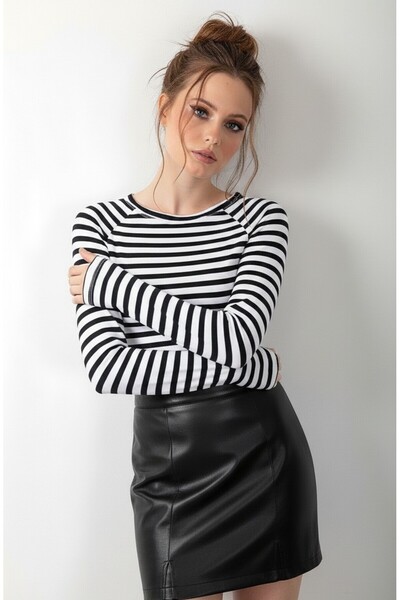 LUQAJ Çizgili Siyah Beyaz Uzun Kol Body Soft Touch Basic Bluz Likralı Tişört