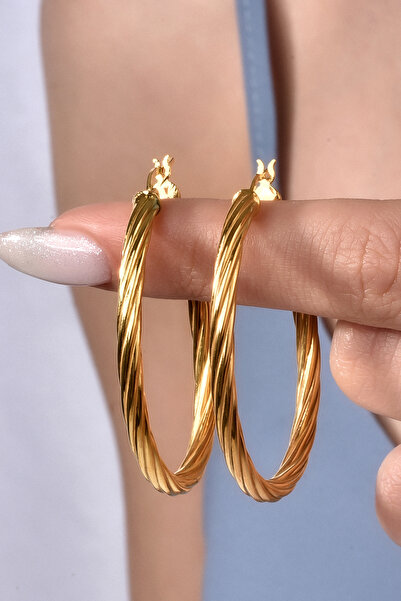 Nox Jewelry 14 Ayar Mikron Altın Kaplama Burgu Oval Halka Gümüş Küpe - E00305
