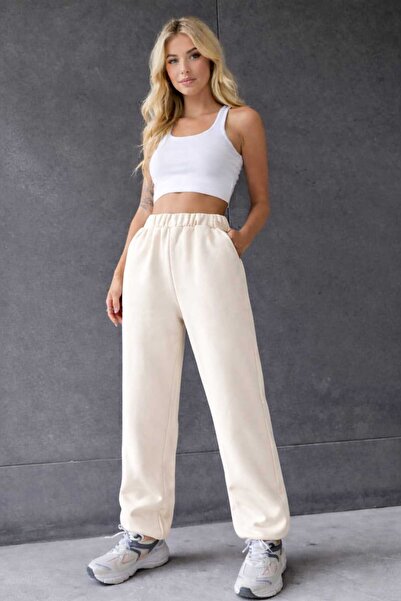 Pupa Kadın Krem Paçası Lastikli Kalın İçi Polarlı Eşofman Altı Jogger