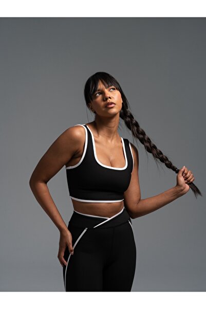 lismina Beyaz Biye ile Kontrastlı Siyah Kalın Askılı Spor Büstiyer ( Sporcu S...