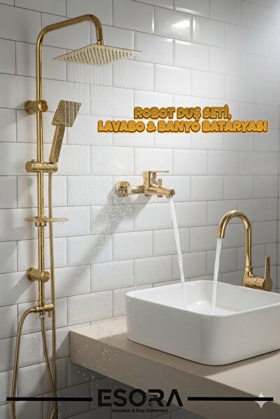 ESORA Gold Altın Kare Robot Duş Seti, Lavabo Ve Banyo Bataryası Musluğu Çeşme...