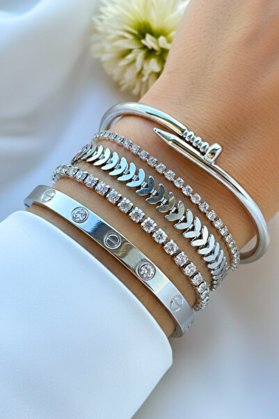 Crc Bijuteri مجموعة أساور نسائية خاصة مطلية بالفضة مكونة من 5 قطع من حجر الزر...