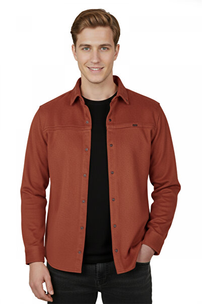 DeepSEA Erkek Kiremit Rengi Likralı Çıtçıtlı Kırışmayan Süet Kumaş Slim Fit C...