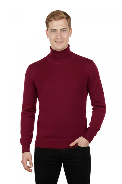 DeepSEA Бордовий Slim Fit чоловічий трикотажний светр з високим коміром - сти...