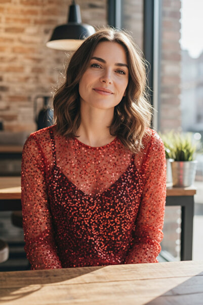 modayiğit Payet boncuk işlemeli kadın transparan bluz