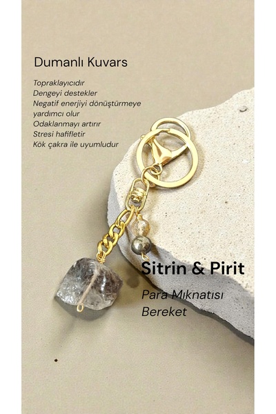arzela Doğal Taş Anahtarlık Kristal Kuvars Sitrin Pirit Para Bereket Koruma 8...