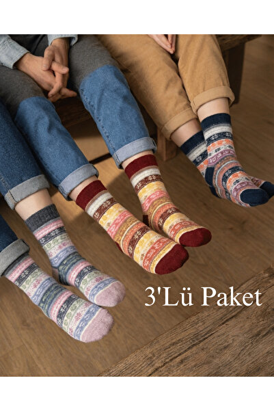 YOTITEX Renkli Çiçek Desenli 3'LÜ YÜN Kışlık Unisex Termal Çorap – Yumuşak Do...