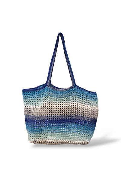 Perlaçeşme Macrame Rope Hand Knitted Light Blue Women's Mesh Shoulder Bag