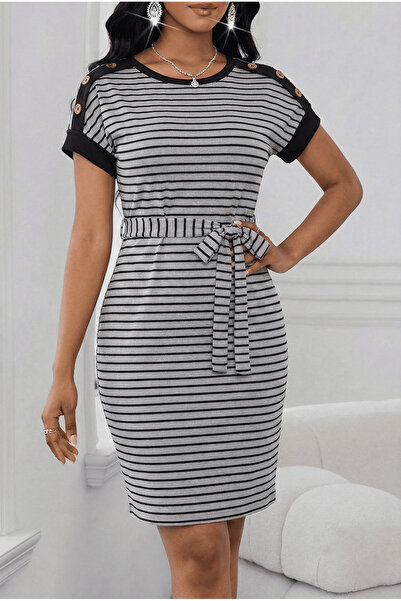 LİVE SPORT Rochie pentru femei – Rochie mini cu dungi, cu curea, detaliu cu n...