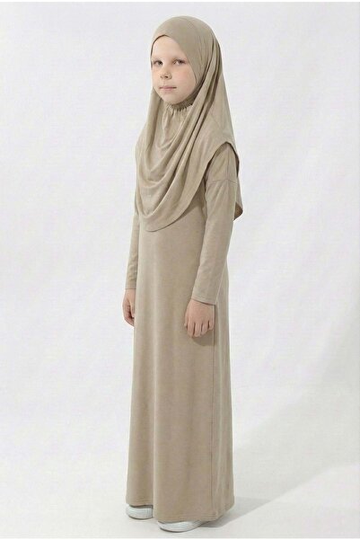 Mnk Baby&Kids Pratik Başörtülü Kız Çocuk Namaz Elbisesi M00789 KAHVERENGİ