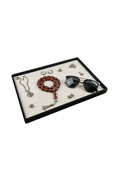 MeGass Dekor طاولة عرض لخدمة المجوهرات مصنوعة من جلد الغزال باللون الرمادي مق...