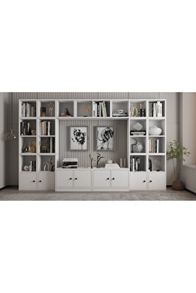 Nettrends Eva 8 Kapaklı 22 Açık Raflı Özel Tasarım Modern Beyaz Kitaplık HVV-...