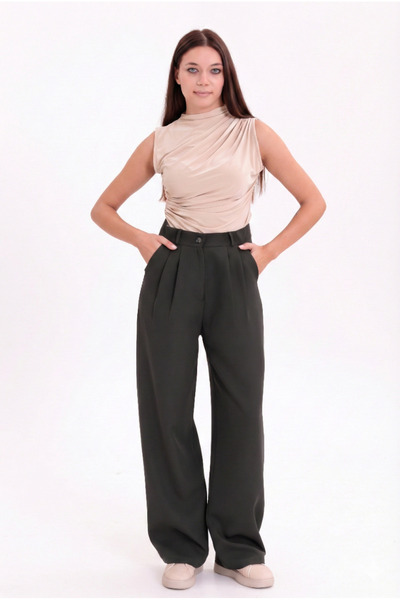 H&A İSTANBUL بنطلون بالازو نسائي عالي الخصر من قماش أنثراسايت مطوي