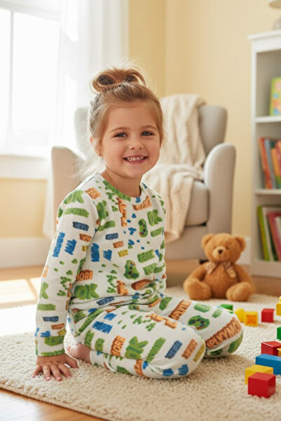 Fulla Moda Σετ παιδικής πιτζάμα Play Yazı με τύπωμα με λαιμόκοψη με φλις Unisex