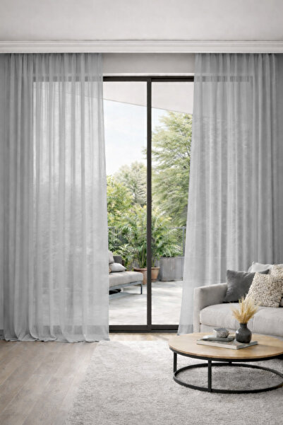 GOCCIA HOME Keten Görünümlü Düz Tül Perde Pilesiz Gri