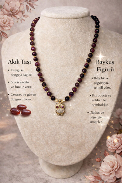 Solare Accessories Zirkon Taşlı Baykuş Figürlü Fuşya Akik Doğaltaş Kolye – Pr...