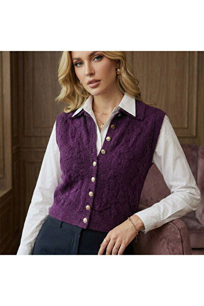 Qoolest Kadın Yünlü Mürdüm Yakalı Kabartma Desenli Yünlü Düğmeli Triko Yelek