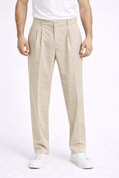 lokasyone Men's Pleated Baggy Fabric Trousers - Elastic Waist - Loose Fit - C...