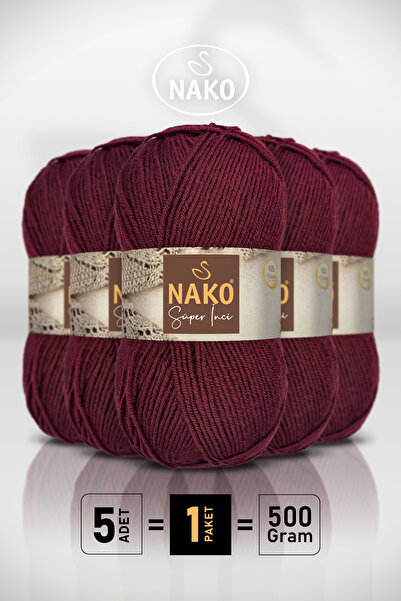 NAKO Süper İnci - 999 Bordo - 5'li Paket - 100gr/260m - El Örgü İpi - Atkı Ye...