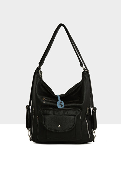Bagmori Siyah Kadın Yumuşak Dokulu Büyük Tek Cep Kapaklı Askılı ve Sırt Salaş...