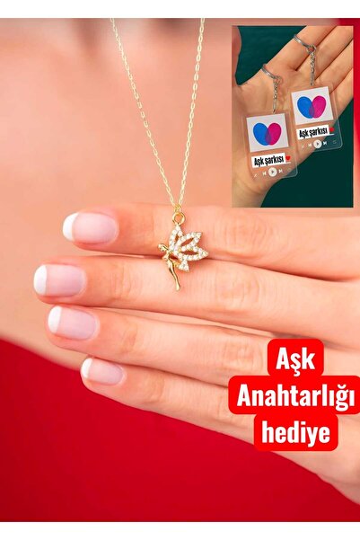 Ayenci Melek Tasarımlı Taşlı Kadın Kolye Ve Aşk Anahtarlığı Hediyesi İle Birl...