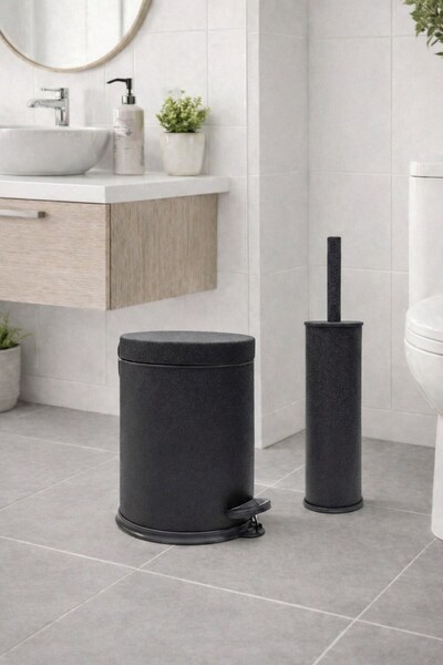 Sas Haus Matte Black Textured 2-Piece Bathroom Set - Metal Trash Can 3 Lt and...