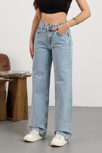 alanora بنطلون جينز أزرق فاتح عالي الخصر وواسع الساق