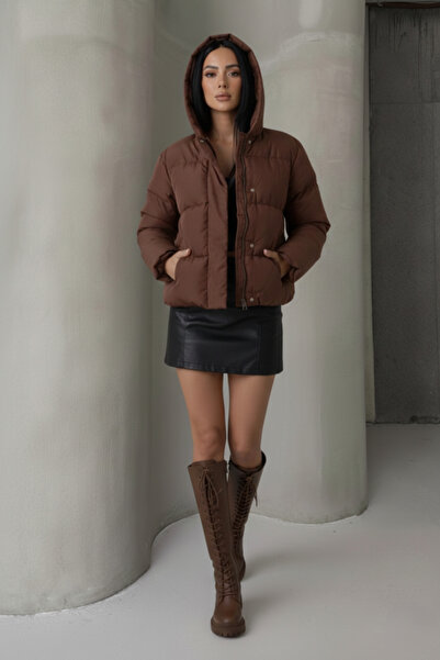 ALFUDO Moda Collection Bitter Brown Hooded Puffer Jacket