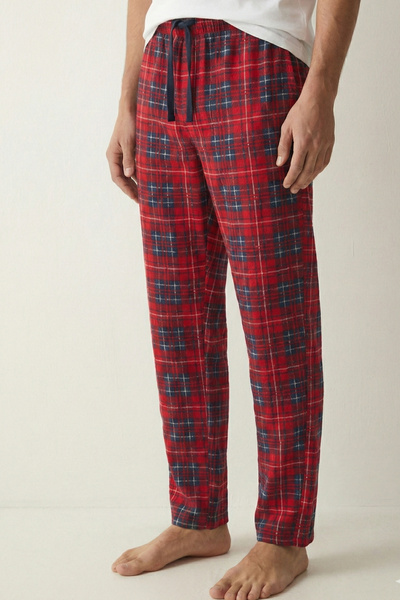 Elemge Ανδρικό κόκκινο καρό πάτο πιτζάμα Relax Fit - Μαλακό σουέτ, ελαστικό μ...