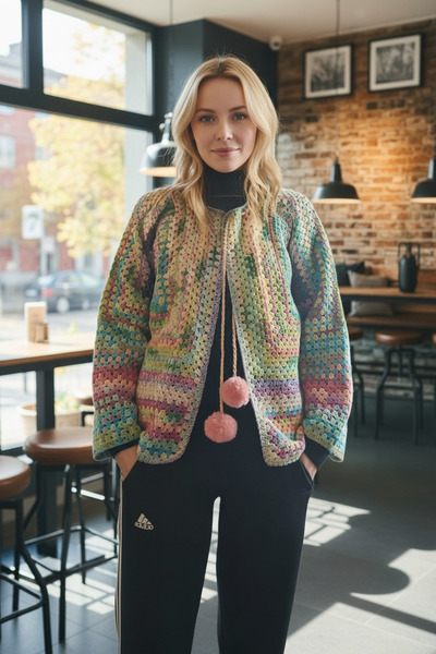 Örgü Sanatı DilekÇak El Örgüsü Patchwork Ömürlük Hırka, Ponpon Detaylı, Renk ...