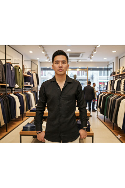 ATK Siyah Slimfit Dar Gömlek Klasik Model Yakaları Düğmeli