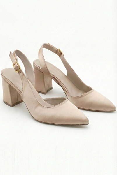 Shoesers Kadın Bej Saten Kumaşlı Asimetrik Bantlı Sivri Burunlu Kalın Topuklu...