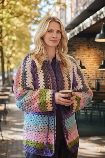 Örgü Sanatı DilekÇak El Örgüsü Patchwork Ömürlük Hırka, Ponpon Detaylı, Renk ...