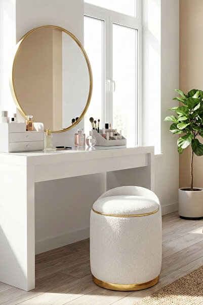 Zem Ridge Puf, Teddy Kumaş Kırık Beyaz Gold