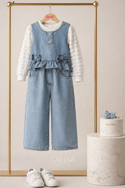 CALİSA طقم بناتي من الدنيم مكون من قطعتين - مقاس 6/10 سنوات، جينز أزرق للمناس...